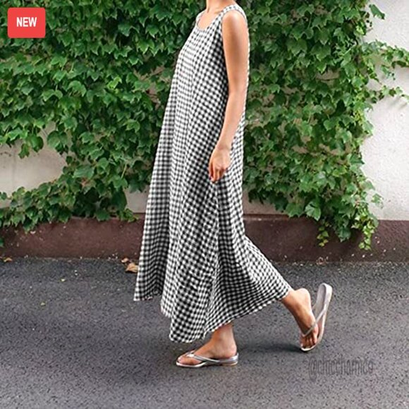 Loose-Fit Cotton Plaid Maxi Dress with Pockets, Sleeveless Boho Sundress - Picture 4 of 5